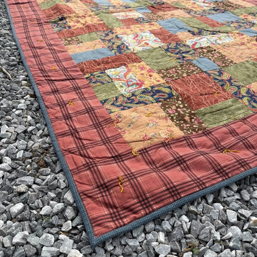 Vintage Handmade Patchwork Quilt Earth Tones Country Cottagecore Cozy 56 x 80